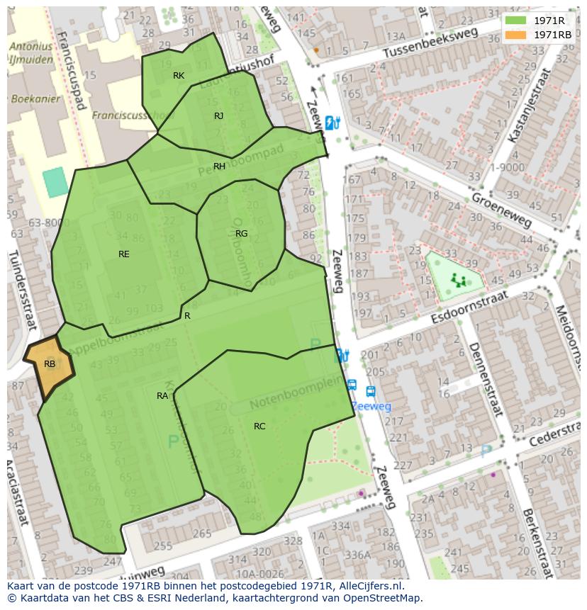 Afbeelding van het postcodegebied 1971 RB op de kaart.