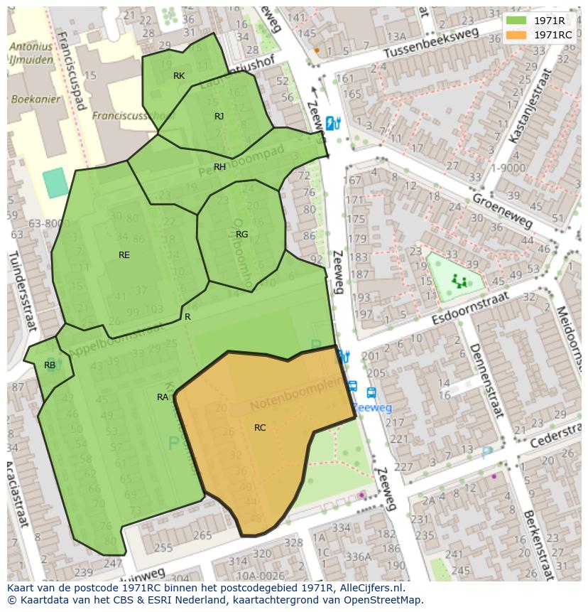 Afbeelding van het postcodegebied 1971 RC op de kaart.