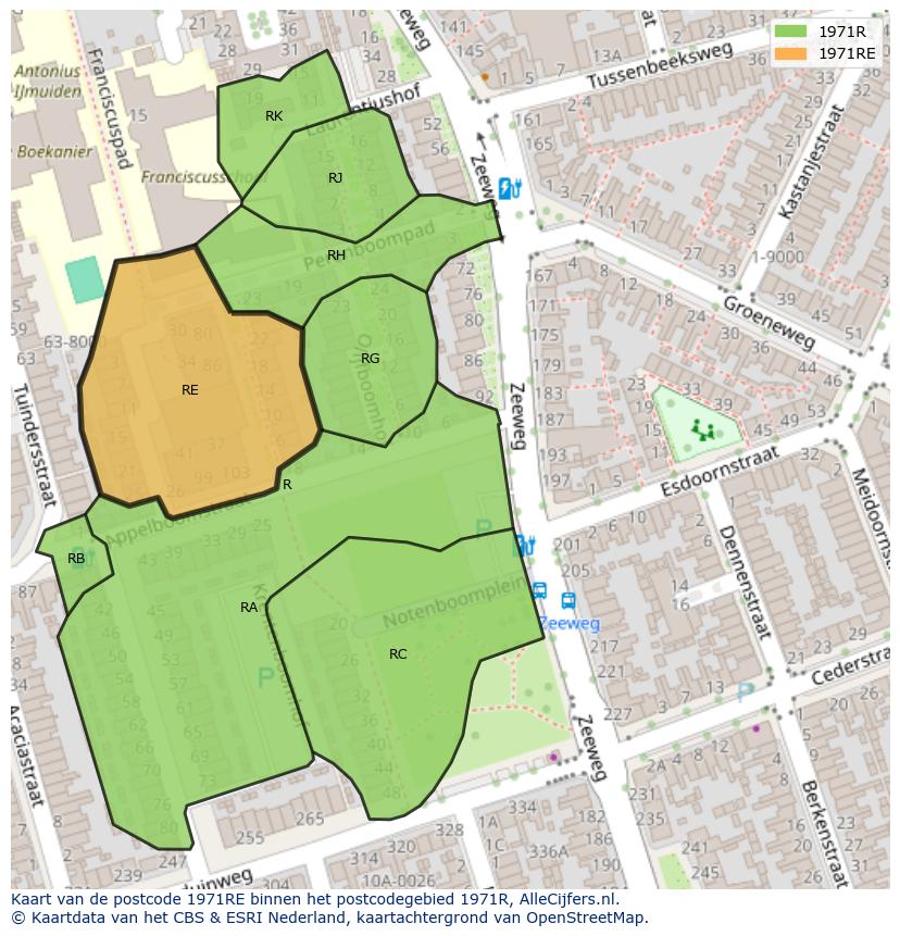 Afbeelding van het postcodegebied 1971 RE op de kaart.