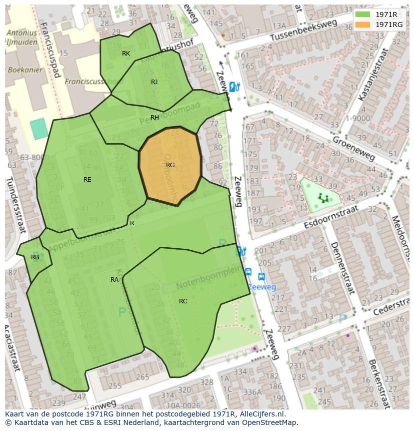 Afbeelding van het postcodegebied 1971 RG op de kaart.