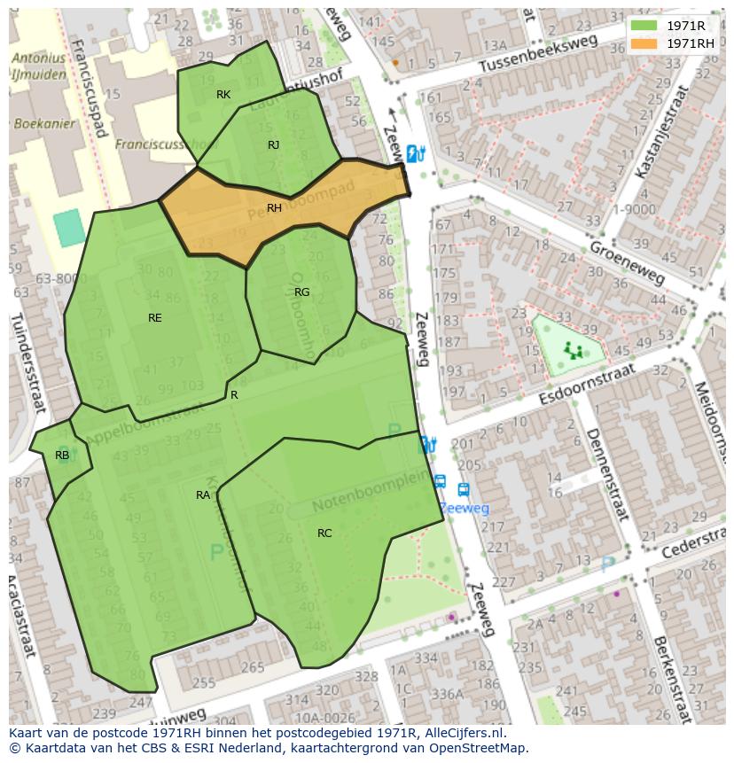 Afbeelding van het postcodegebied 1971 RH op de kaart.