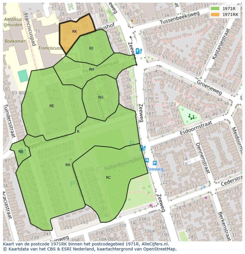 Afbeelding van het postcodegebied 1971 RK op de kaart.