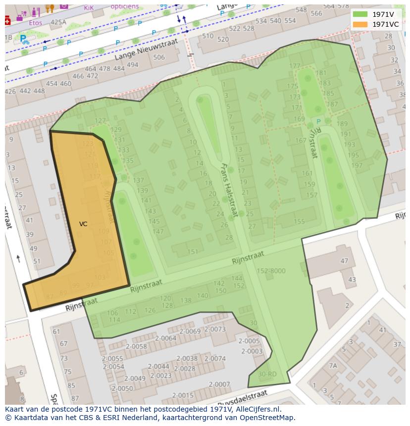 Afbeelding van het postcodegebied 1971 VC op de kaart.
