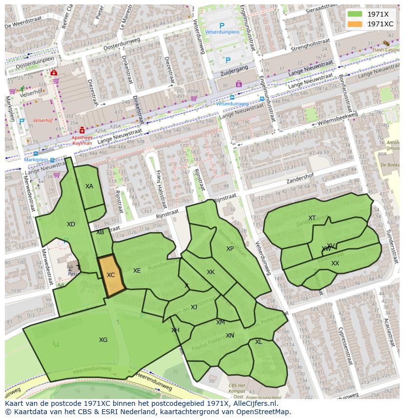 Afbeelding van het postcodegebied 1971 XC op de kaart.