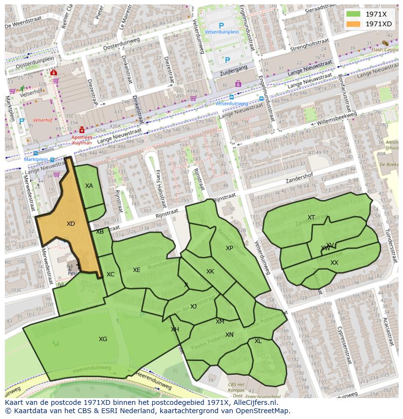 Afbeelding van het postcodegebied 1971 XD op de kaart.