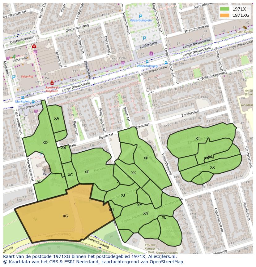 Afbeelding van het postcodegebied 1971 XG op de kaart.