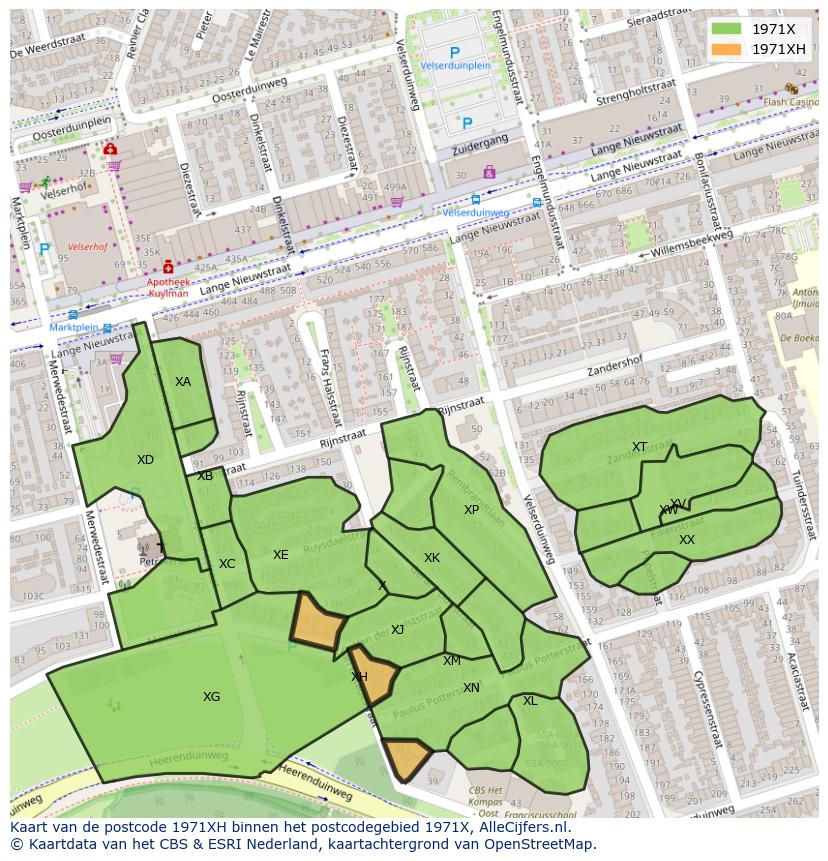 Afbeelding van het postcodegebied 1971 XH op de kaart.