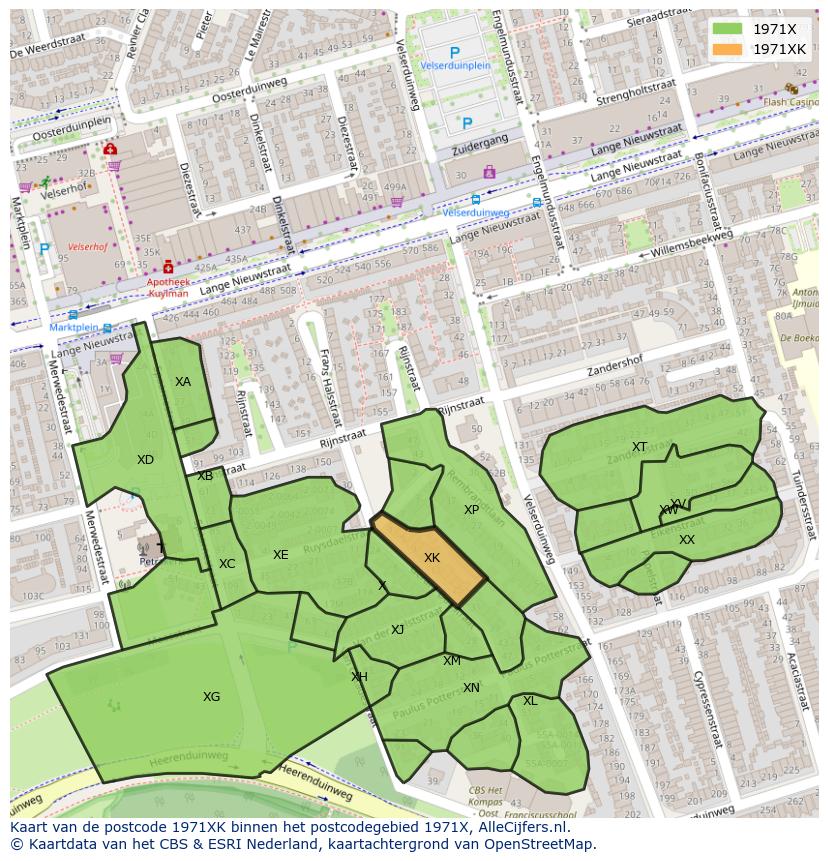 Afbeelding van het postcodegebied 1971 XK op de kaart.