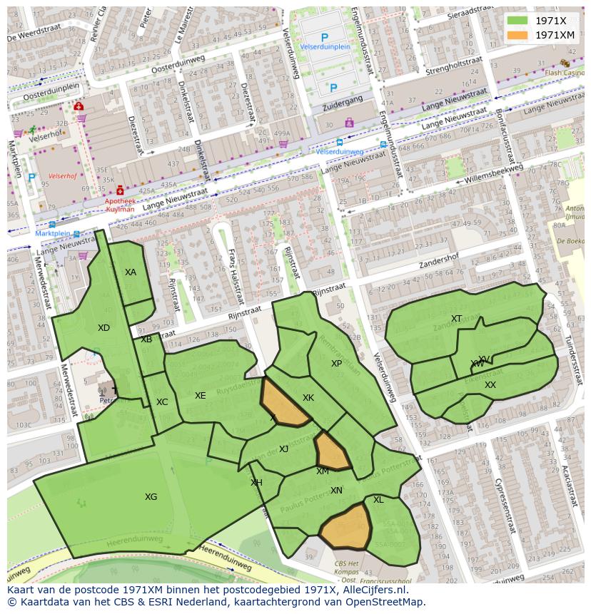Afbeelding van het postcodegebied 1971 XM op de kaart.