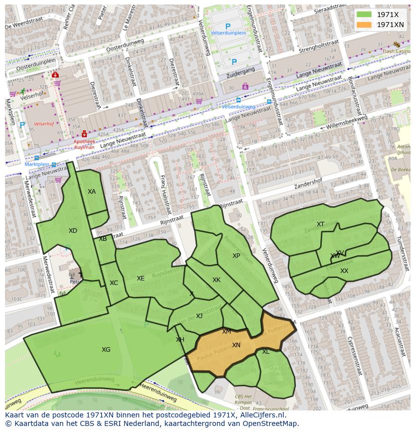 Afbeelding van het postcodegebied 1971 XN op de kaart.