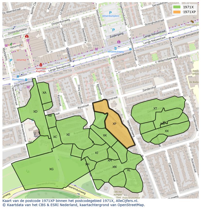 Afbeelding van het postcodegebied 1971 XP op de kaart.