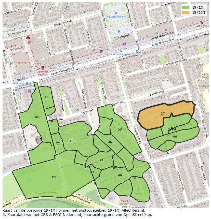 Afbeelding van het postcodegebied 1971 XT op de kaart.