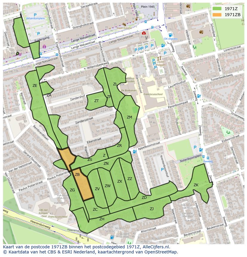 Afbeelding van het postcodegebied 1971 ZB op de kaart.