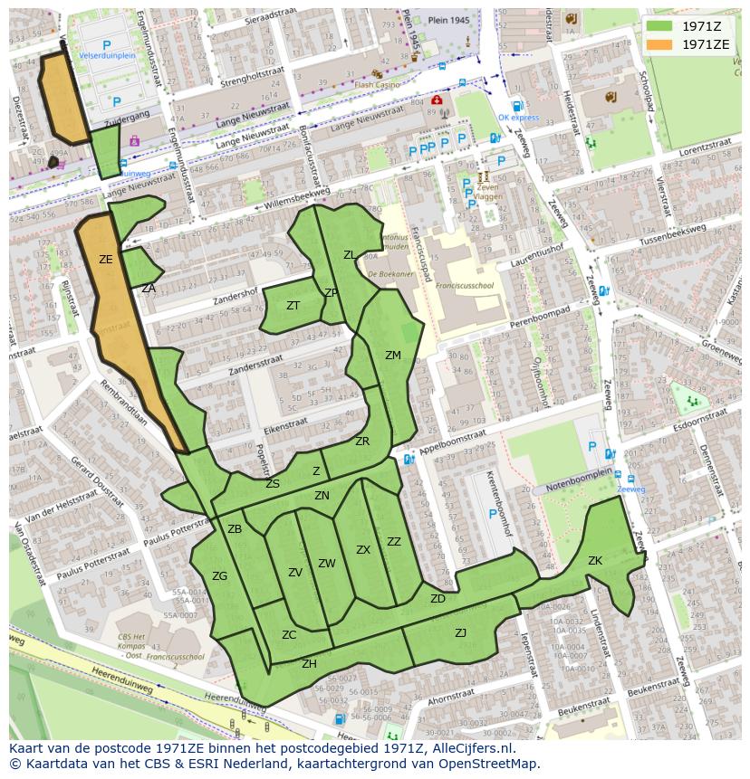 Afbeelding van het postcodegebied 1971 ZE op de kaart.