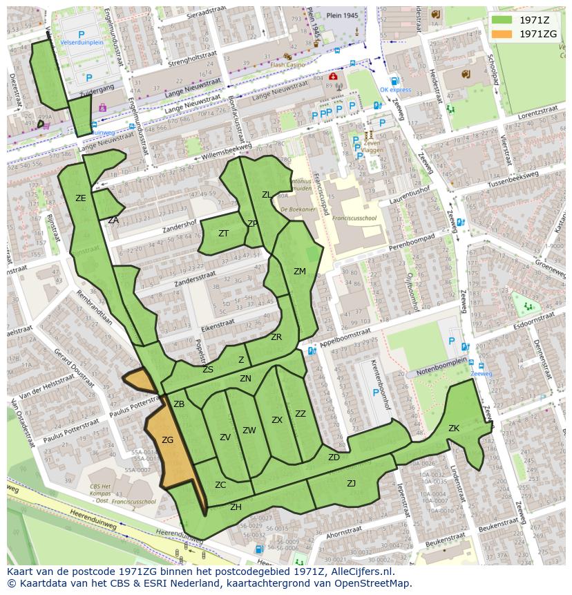 Afbeelding van het postcodegebied 1971 ZG op de kaart.