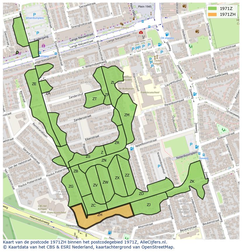 Afbeelding van het postcodegebied 1971 ZH op de kaart.