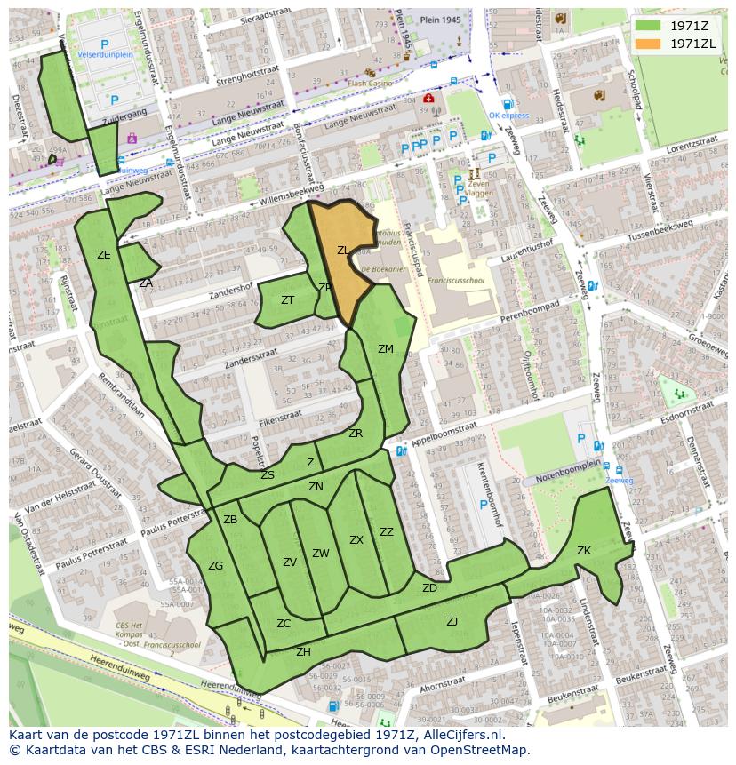Afbeelding van het postcodegebied 1971 ZL op de kaart.