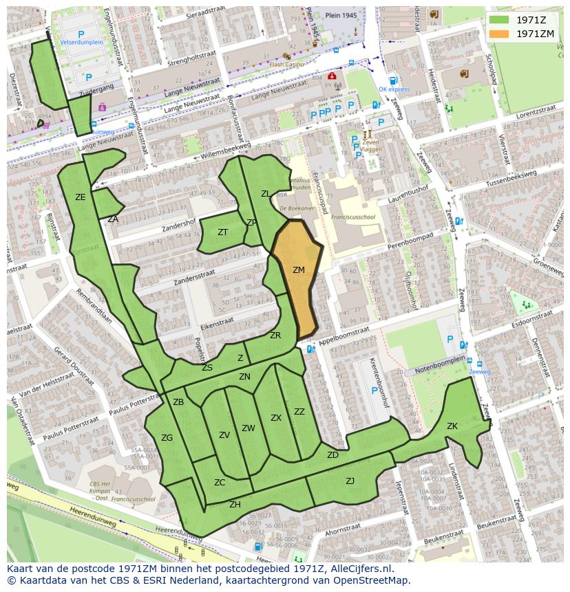 Afbeelding van het postcodegebied 1971 ZM op de kaart.