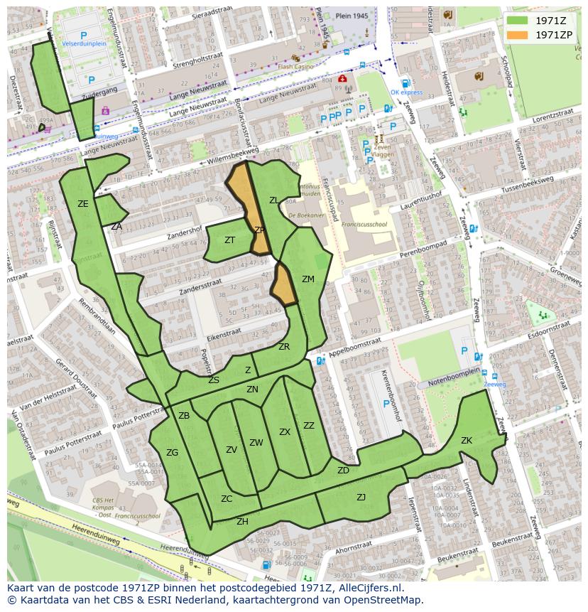 Afbeelding van het postcodegebied 1971 ZP op de kaart.