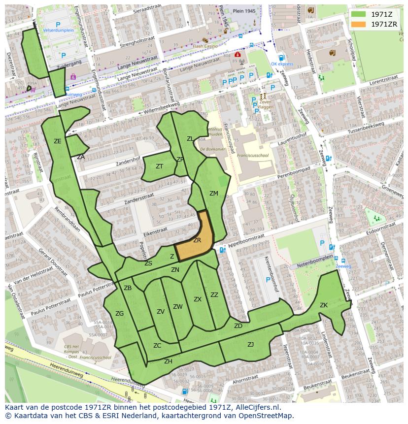 Afbeelding van het postcodegebied 1971 ZR op de kaart.