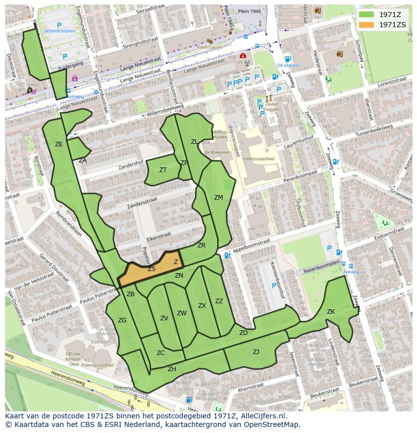 Afbeelding van het postcodegebied 1971 ZS op de kaart.