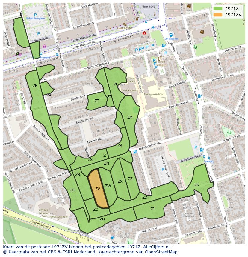 Afbeelding van het postcodegebied 1971 ZV op de kaart.