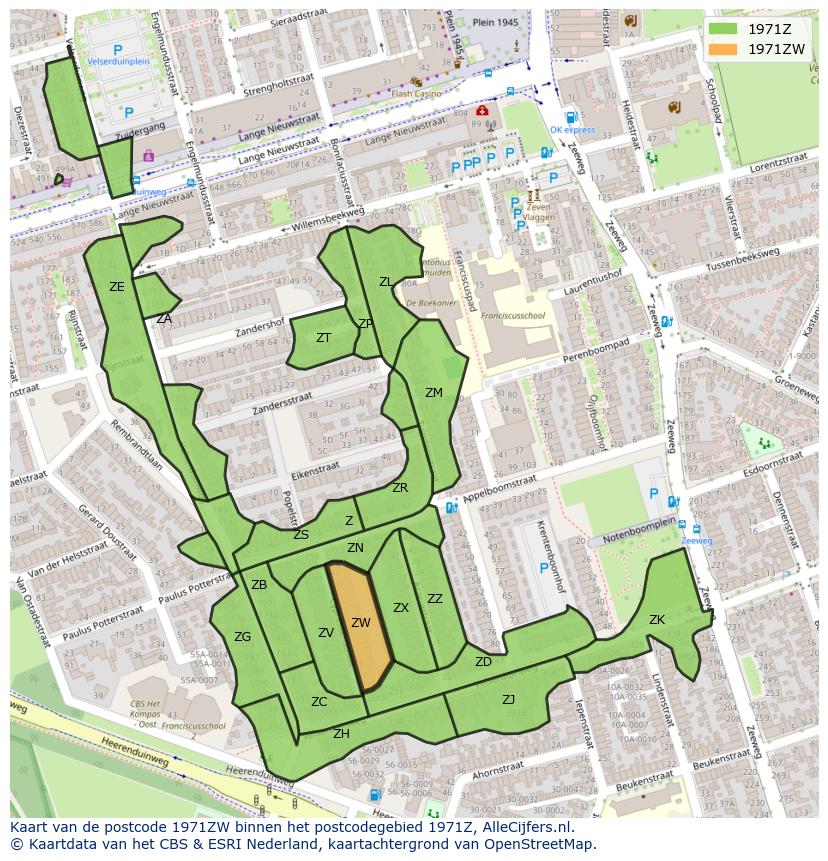 Afbeelding van het postcodegebied 1971 ZW op de kaart.