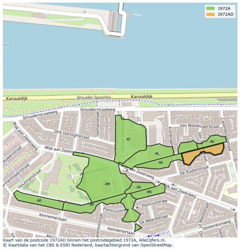 Afbeelding van het postcodegebied 1972 AD op de kaart.