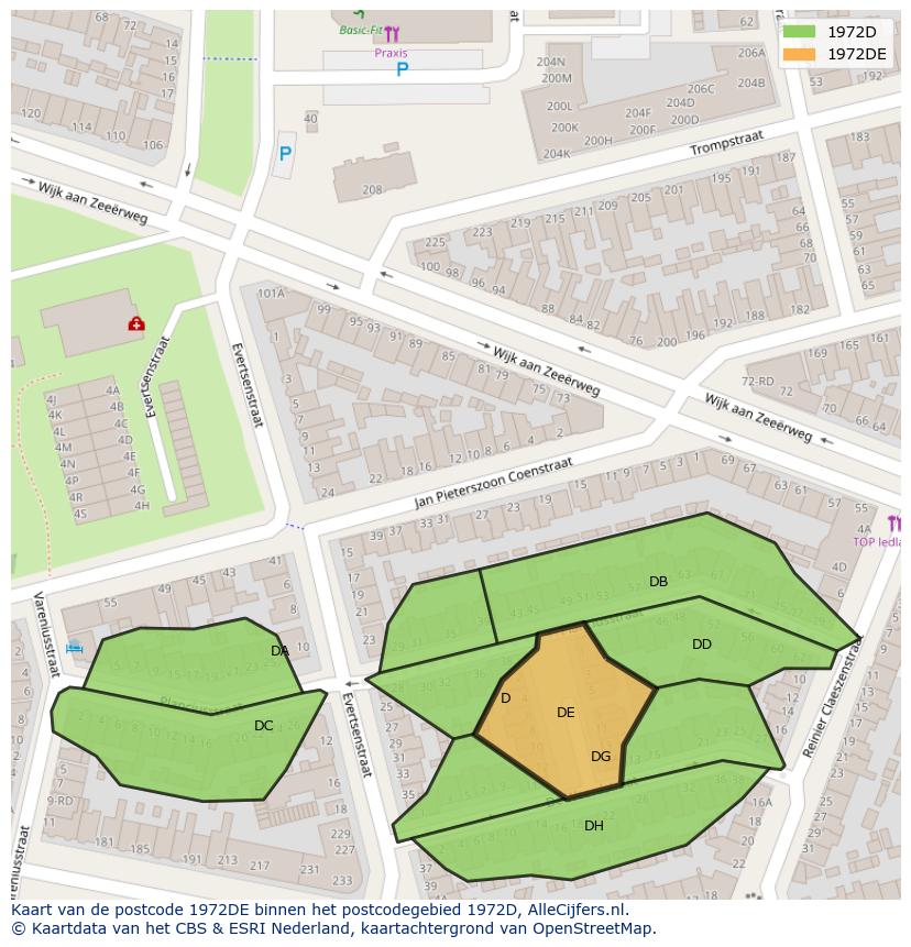 Afbeelding van het postcodegebied 1972 DE op de kaart.