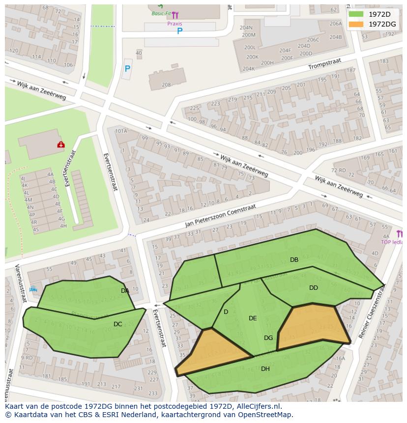 Afbeelding van het postcodegebied 1972 DG op de kaart.