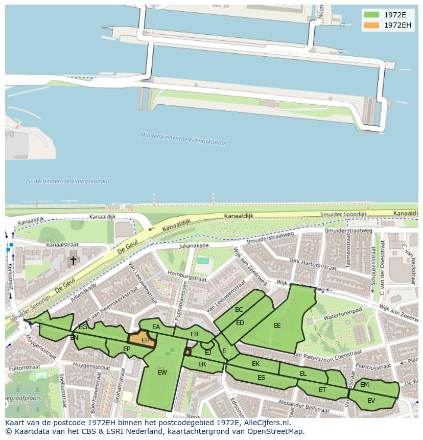 Afbeelding van het postcodegebied 1972 EH op de kaart.
