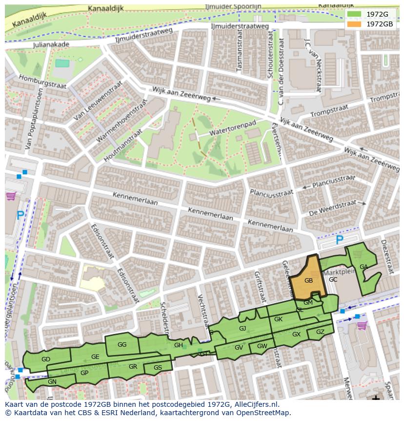 Afbeelding van het postcodegebied 1972 GB op de kaart.
