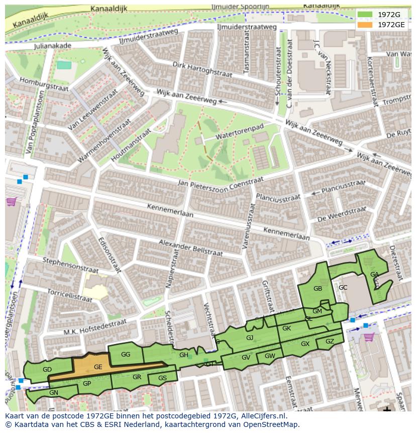 Afbeelding van het postcodegebied 1972 GE op de kaart.