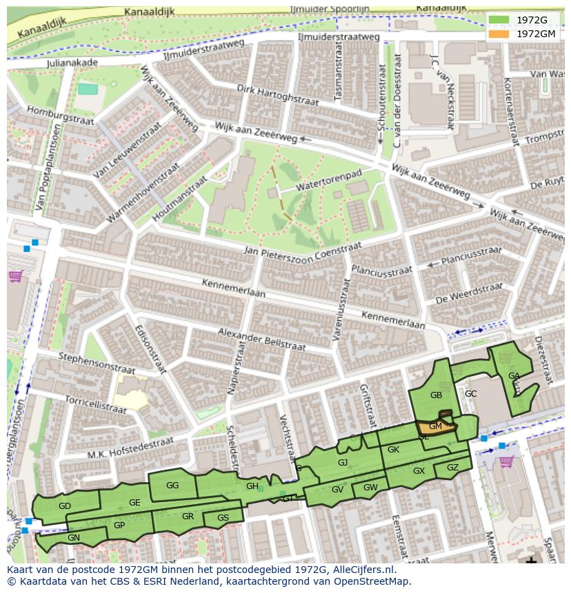 Afbeelding van het postcodegebied 1972 GM op de kaart.