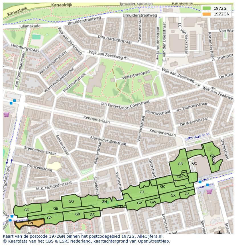 Afbeelding van het postcodegebied 1972 GN op de kaart.