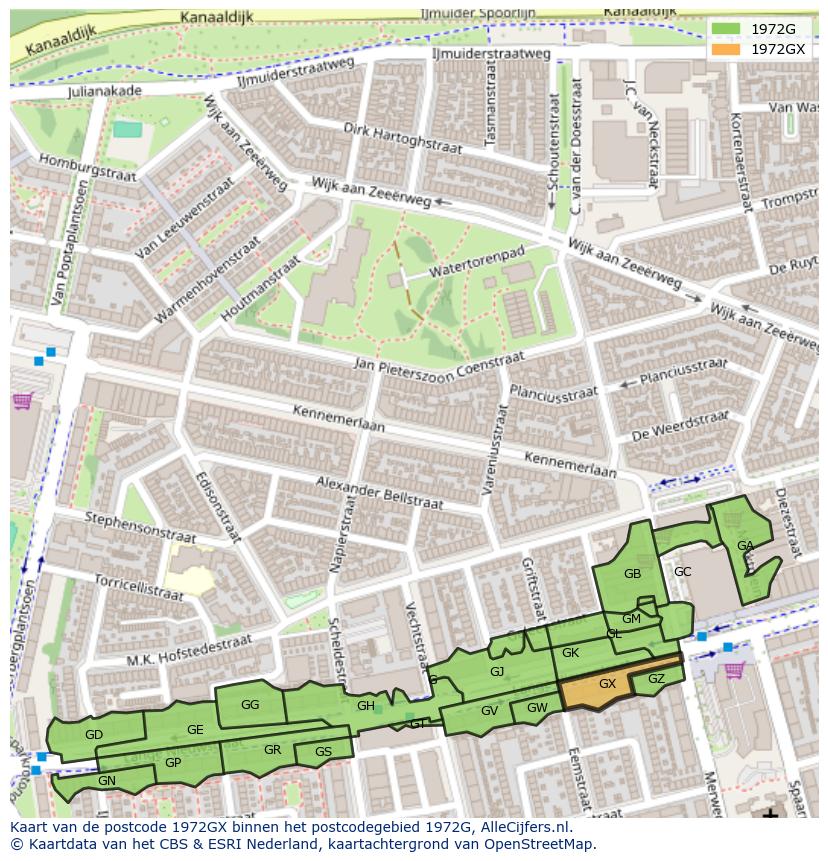 Afbeelding van het postcodegebied 1972 GX op de kaart.