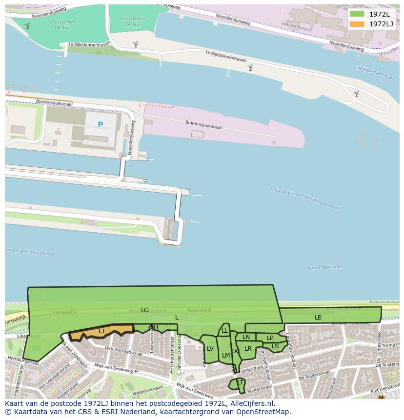 Afbeelding van het postcodegebied 1972 LJ op de kaart.