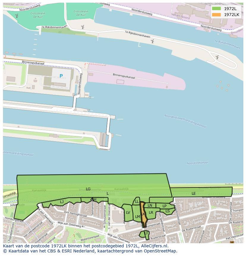 Afbeelding van het postcodegebied 1972 LK op de kaart.