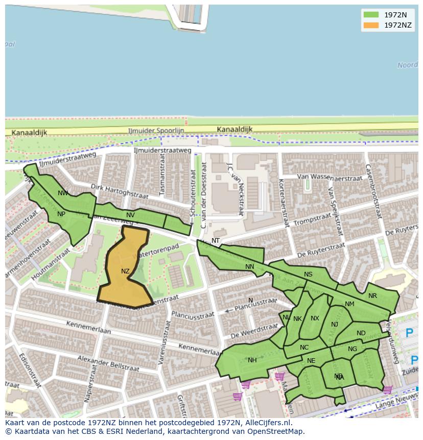 Afbeelding van het postcodegebied 1972 NZ op de kaart.