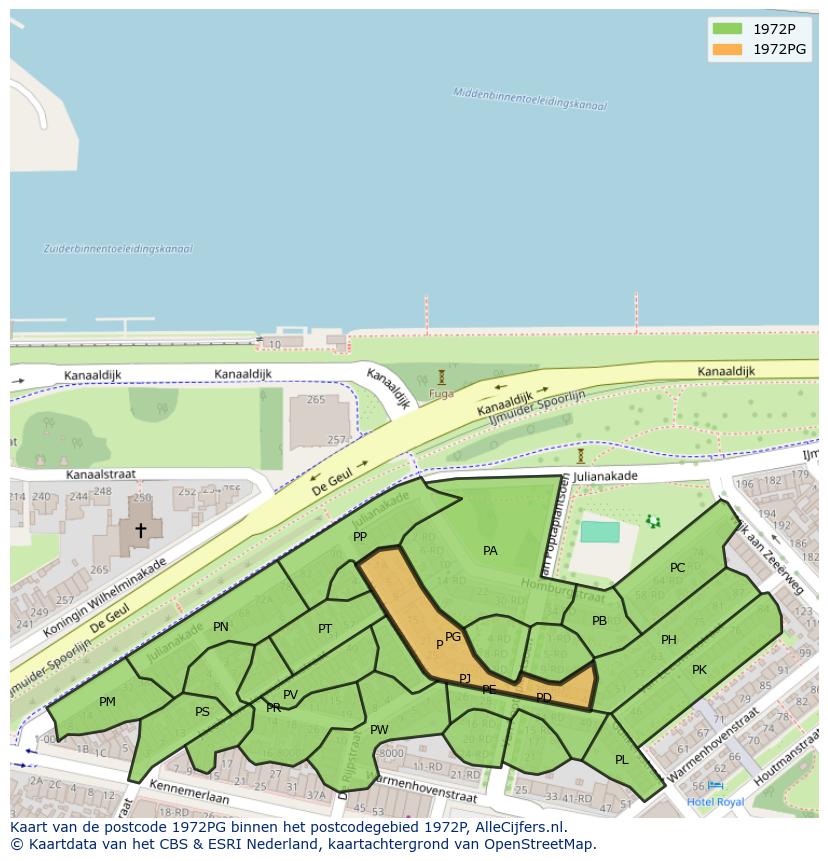 Afbeelding van het postcodegebied 1972 PG op de kaart.