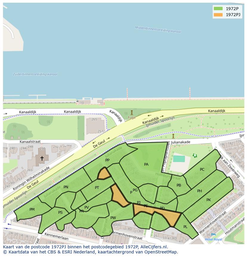 Afbeelding van het postcodegebied 1972 PJ op de kaart.