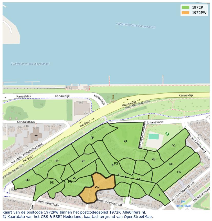 Afbeelding van het postcodegebied 1972 PW op de kaart.