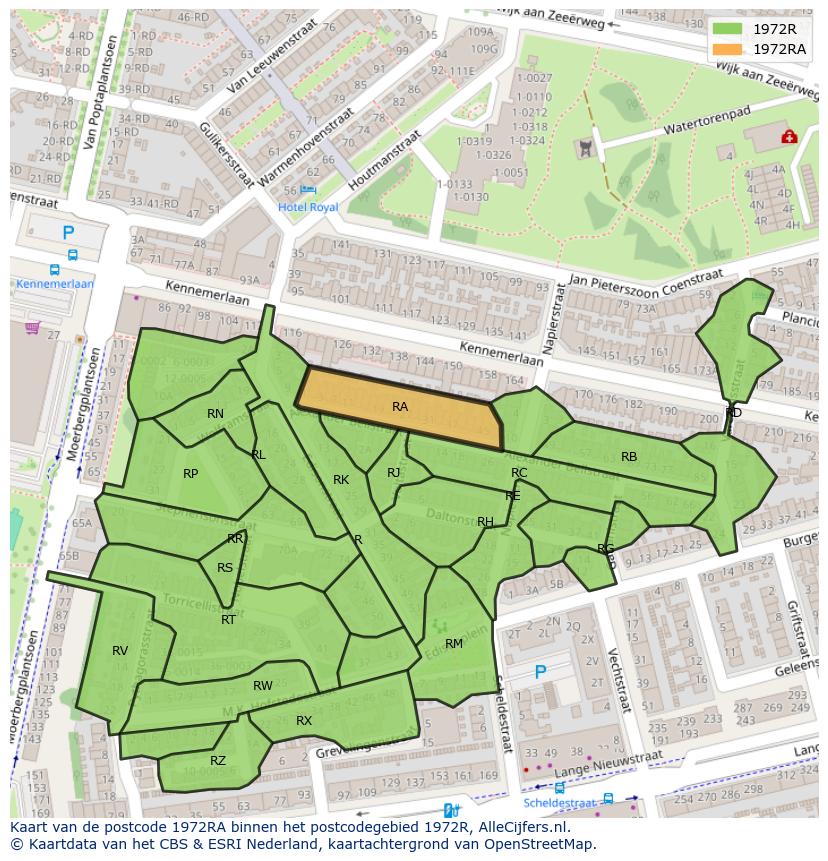 Afbeelding van het postcodegebied 1972 RA op de kaart.