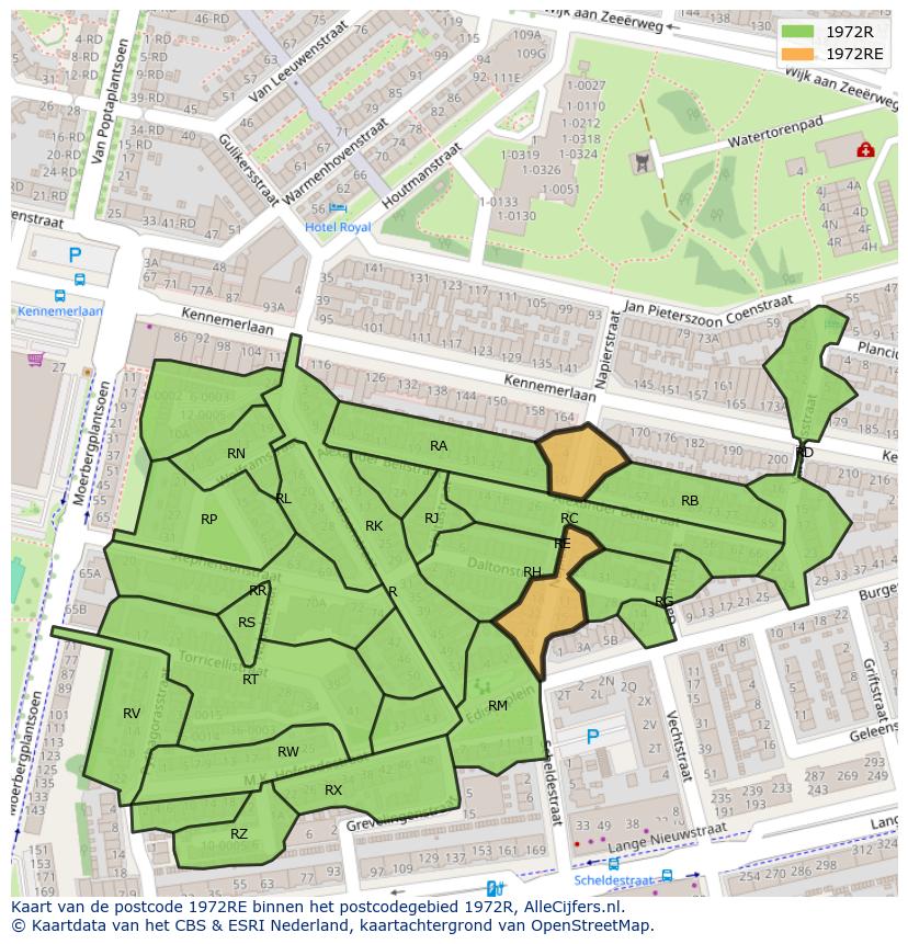 Afbeelding van het postcodegebied 1972 RE op de kaart.