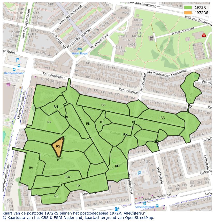 Afbeelding van het postcodegebied 1972 RS op de kaart.