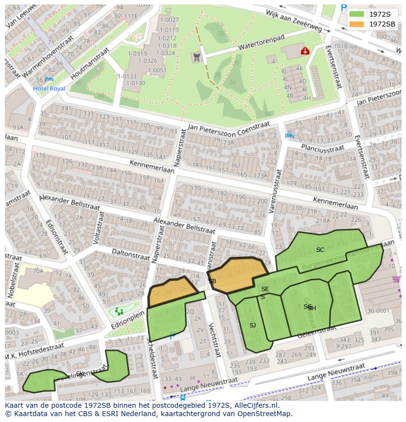 Afbeelding van het postcodegebied 1972 SB op de kaart.