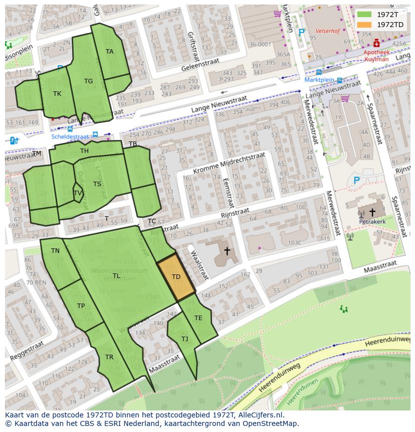 Afbeelding van het postcodegebied 1972 TD op de kaart.