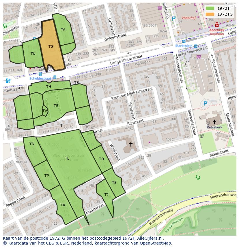 Afbeelding van het postcodegebied 1972 TG op de kaart.