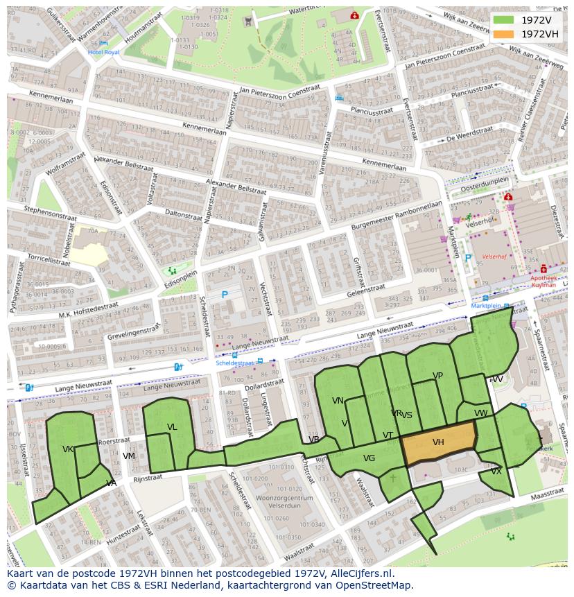 Afbeelding van het postcodegebied 1972 VH op de kaart.