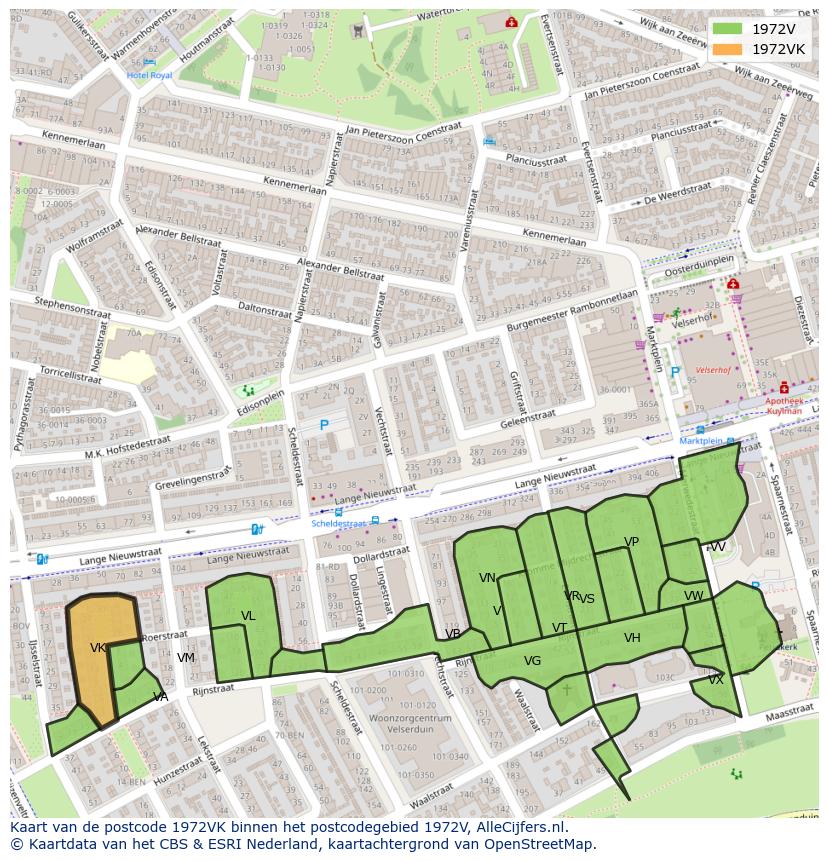 Afbeelding van het postcodegebied 1972 VK op de kaart.